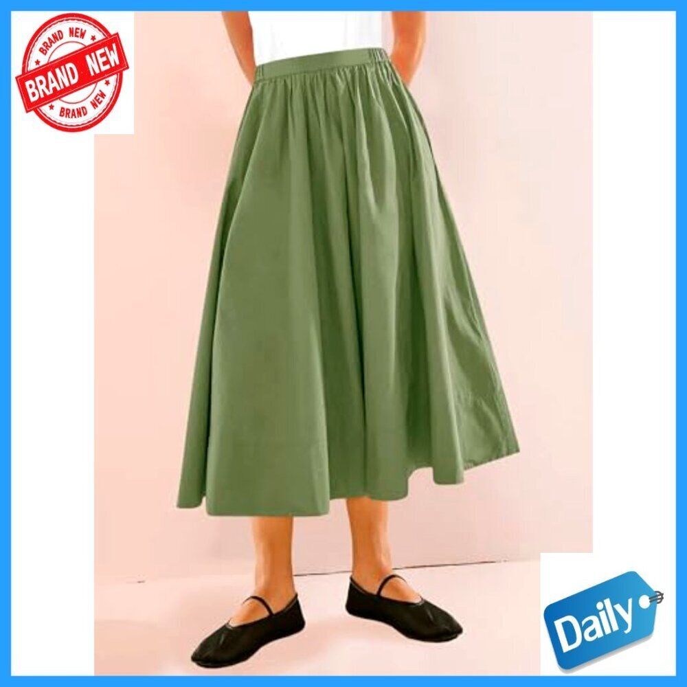 Women's A-Line Midi Skirt Elastic Waist Flowy Swing Pleated with Pocket - Picture 5 of 7